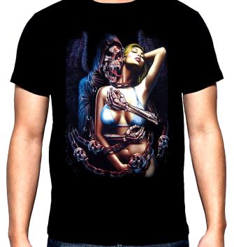 Skelleton with a sexy girl, men's  t-shirt, 100% cotton, S to 5XL